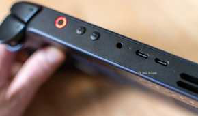 View of the Legion Go S power button, volume buttons, and dual USB Type C ports.