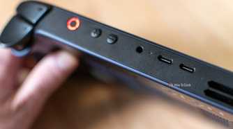 View of the Legion Go S power button, volume buttons, and dual USB Type C ports.