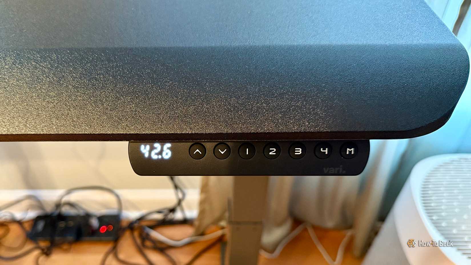 Close-up of the control panel on Vari Electric Standing Desk with ComptoteDge.