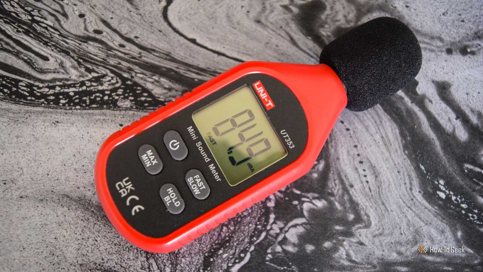A sound meter showing a high noise level.