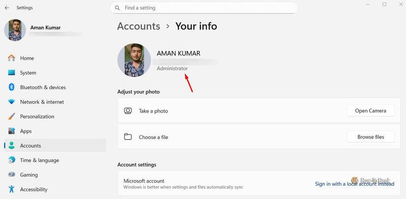 Administrator tag in the Settings app.