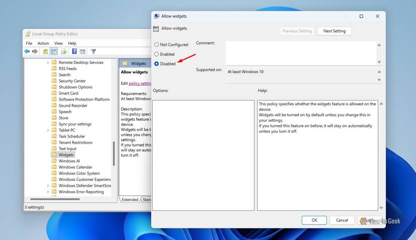 Allow Widgets policy in the Local Group Policy Editor.