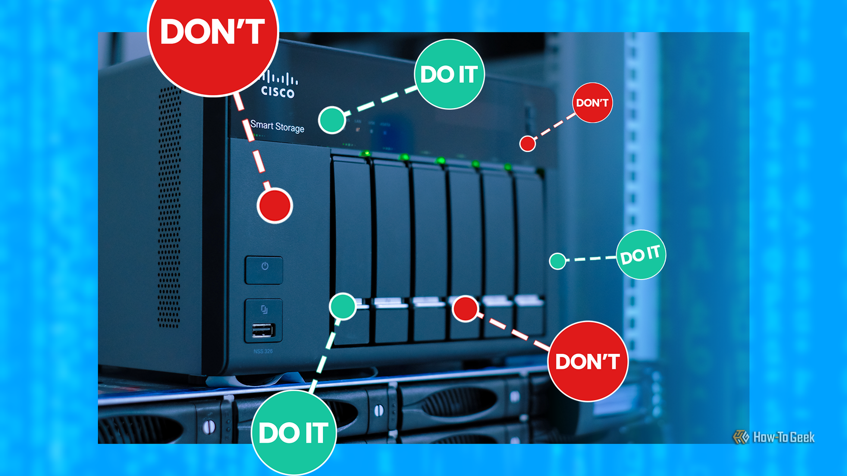 Close-up of a NAS server with labeled markers showing do’s and don’ts for homelab setup.
