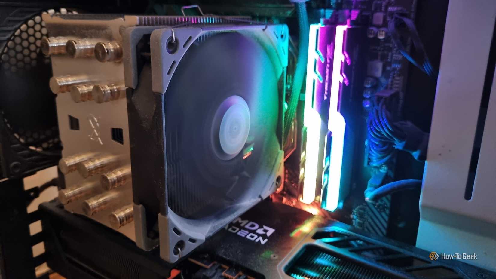 A CPU Air Cooler running inside a PC case.