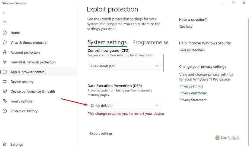 Data Execution Prevention option in Windows Security.