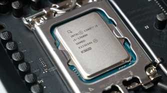 The Intel i5-13600K processor seated on a motherboard.