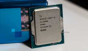 A side shot of the Intel i9-13900K processor set up against the Intel box.