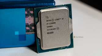 A side shot of the Intel i9-13900K processor set up against the Intel box.