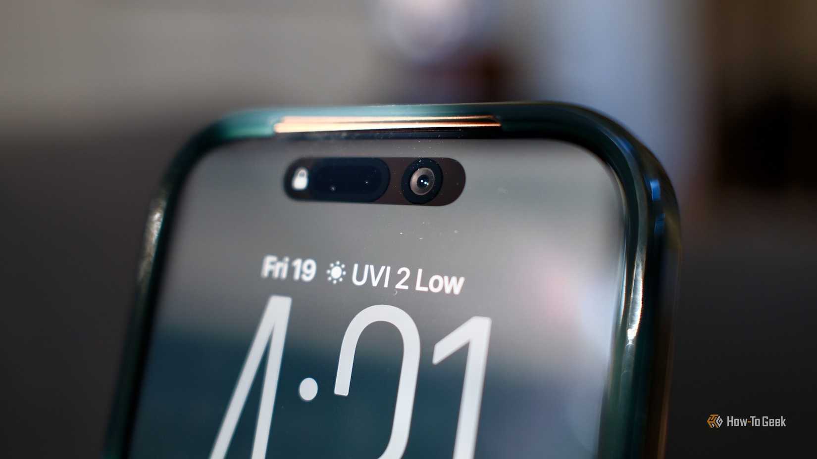 Focus on the front camera of the Apple iPhone 17 Pro.