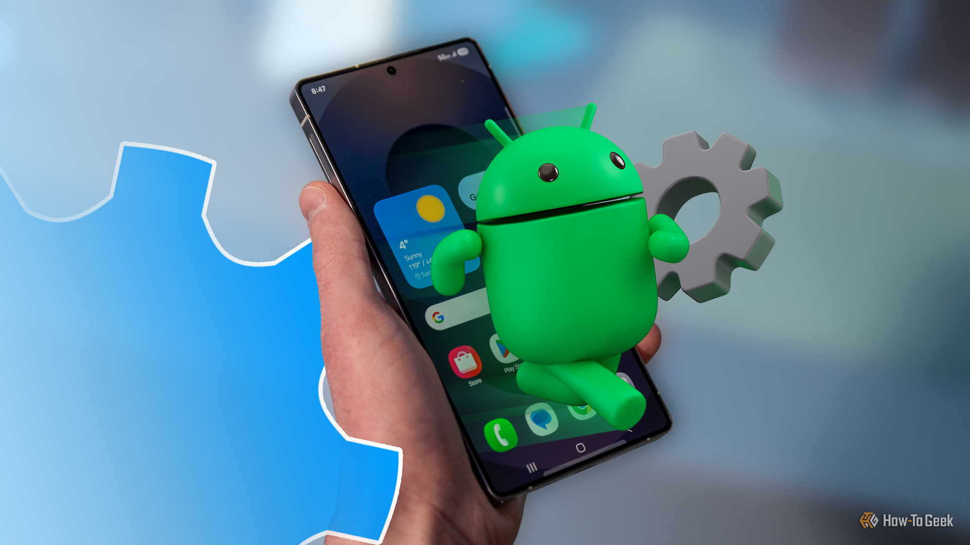 hand holding a phone with the android mascot holding a settings gear in front of the screen