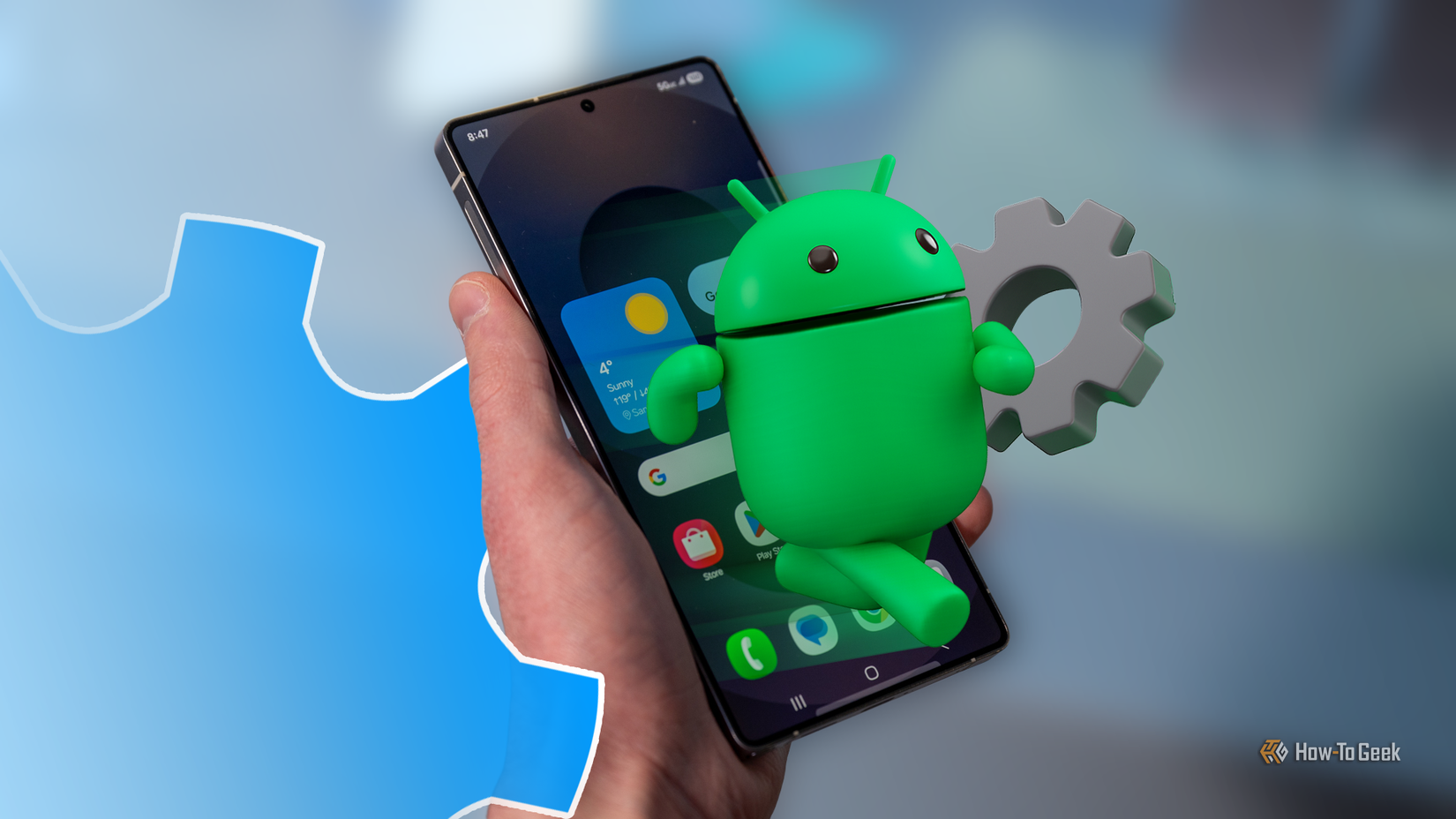 Hand holding a phone with the Android mascot holding a settings gear in front of the screen.