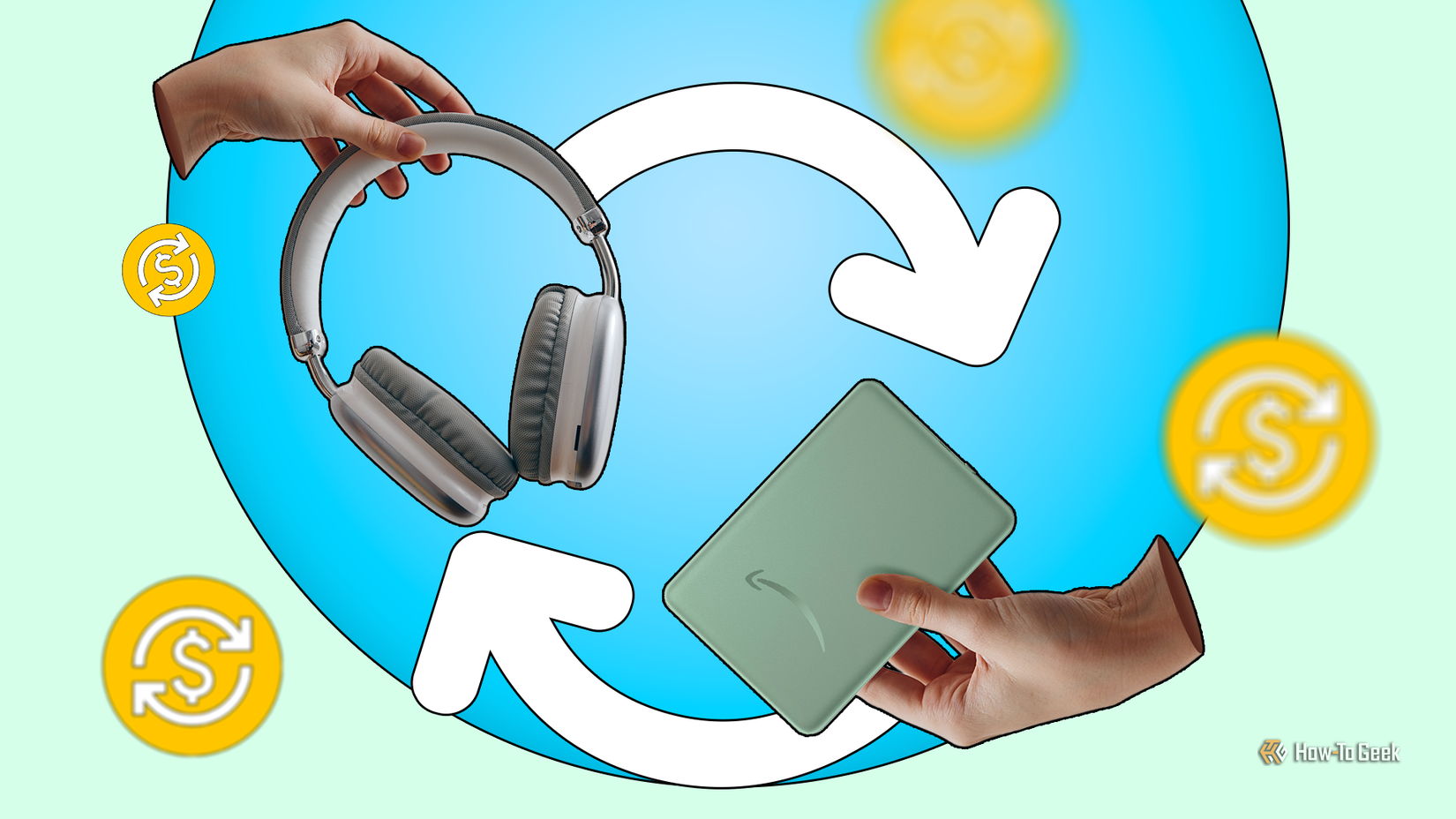 Mãos trocando fones de ouvido sem fio e um dispositivo Amazon Kindle, com setas circulares e ícones de troca ao redor.