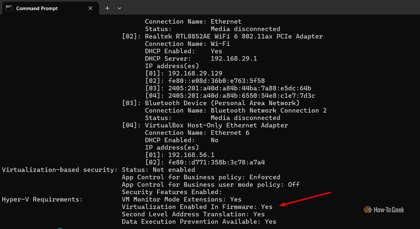Hyper-V requirements section in CMD.