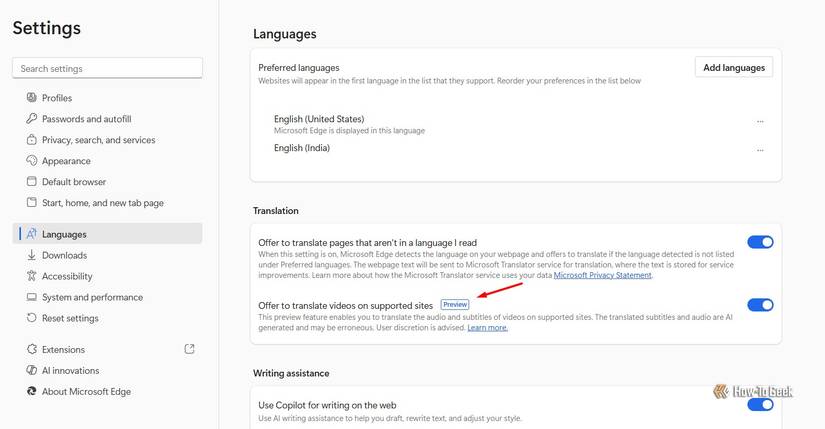 Offer to translate videos on supported sites option in Edge.