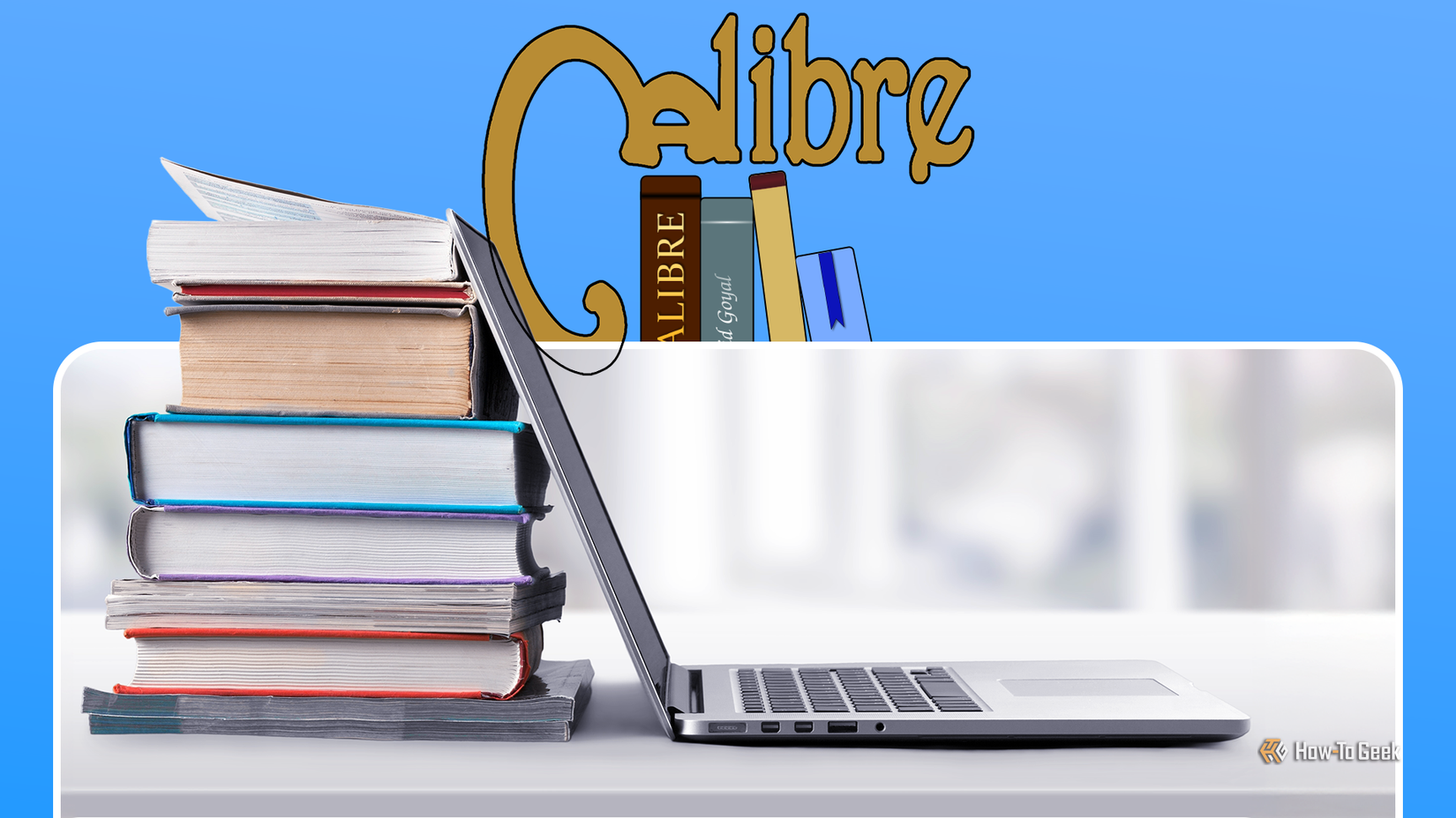 Stack of physical books next to an open laptop with the Caliber logo above it.