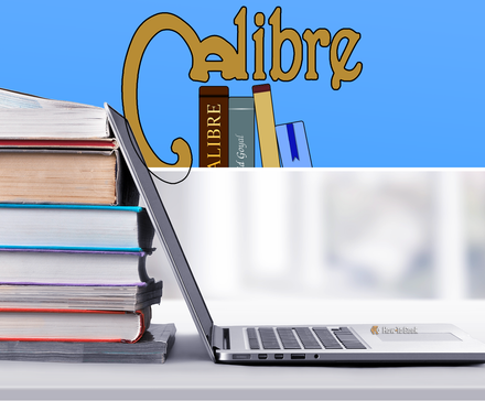 Stack of physical books beside an open laptop with the Calibre logo above it.
