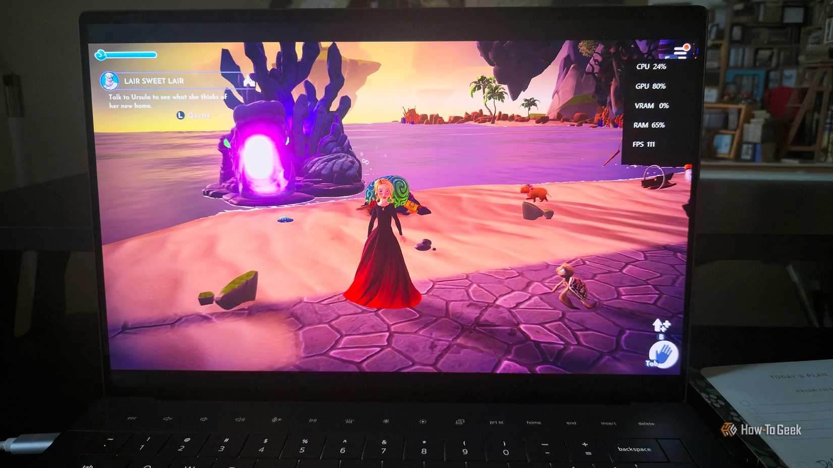 The Dell 14 Premium (DA14250) laptop playing the game 'Disney Dreamlight Valley.'