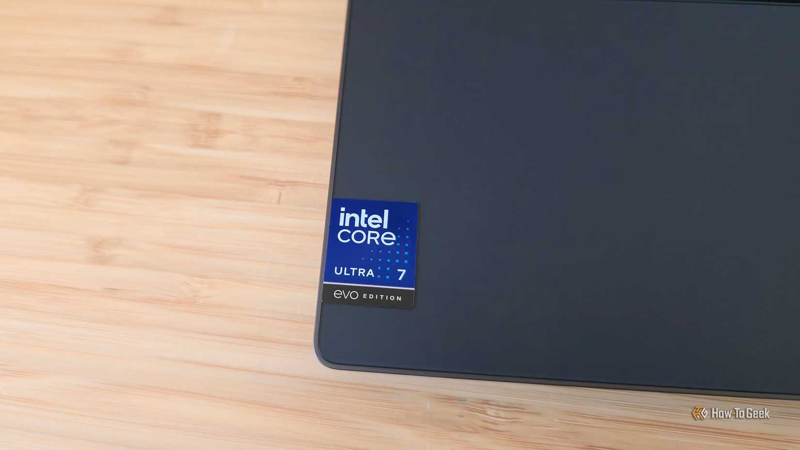 The Intel Core Ultra 7 Evo Edition sticker on the Dell 14 Premium (DA14250) laptop.
