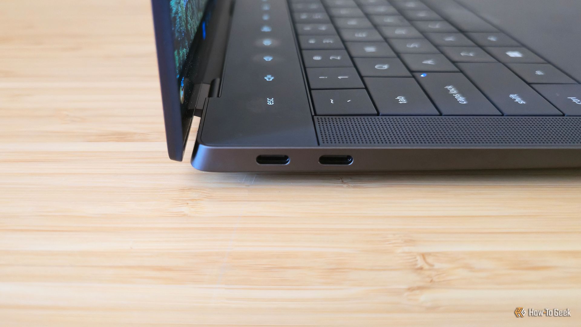 The USB-C ports on the left side of the Dell 14 Premium (DA14250) laptop.