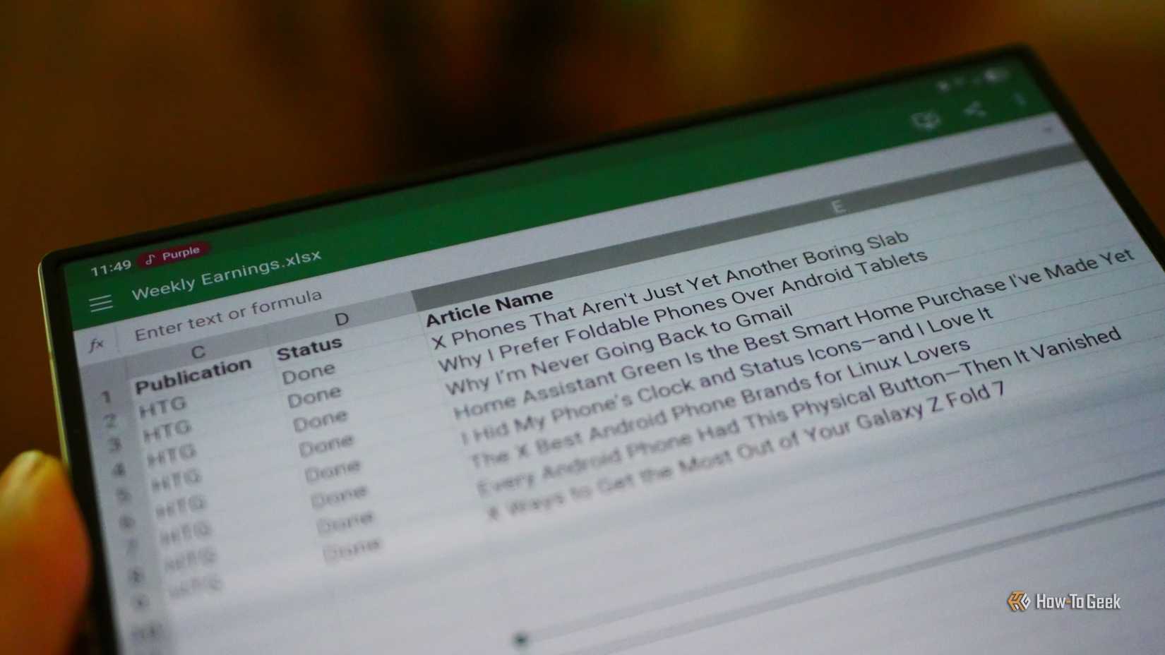 Viewing a spreadsheet on a Samsung Galaxy Z Fold 6.