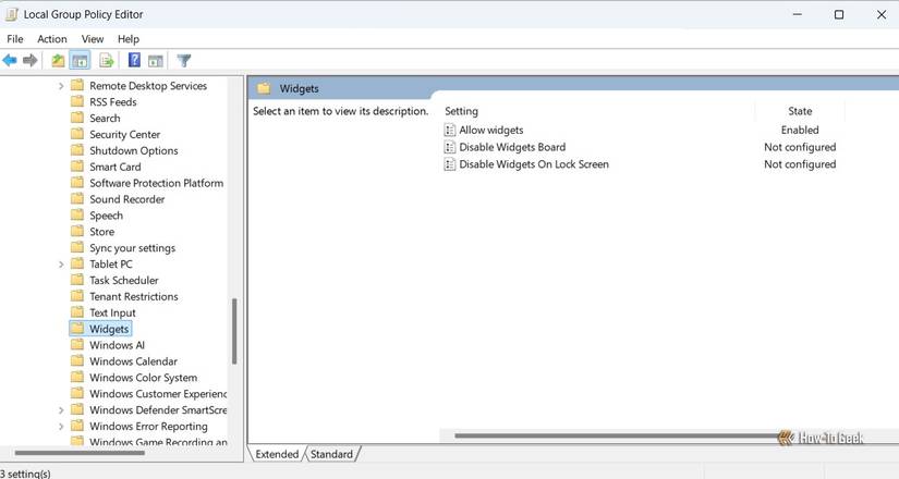 Widgets folder in the Local Group Policy Editor window.