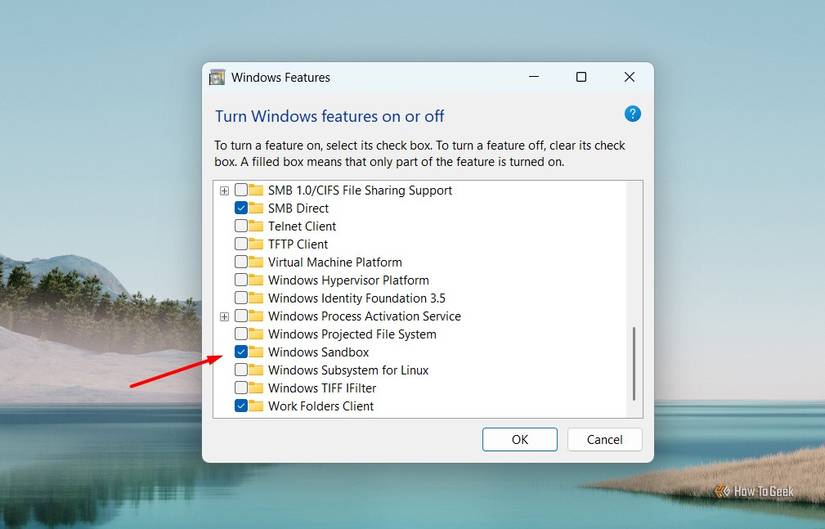 Windows Sandbox option in the Windows features window.