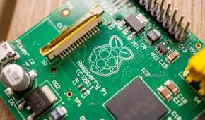 Closeup of a Raspberry Pi SBC.