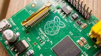 Closeup of a Raspberry Pi SBC.