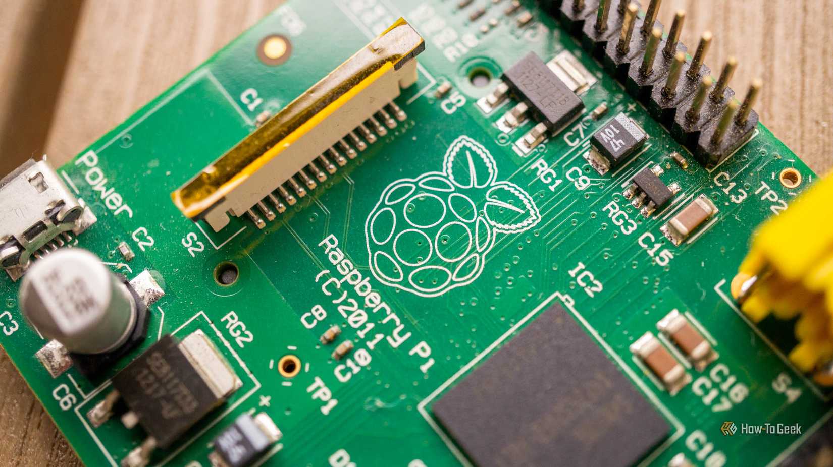 Closeup of a Raspberry Pi SBC.