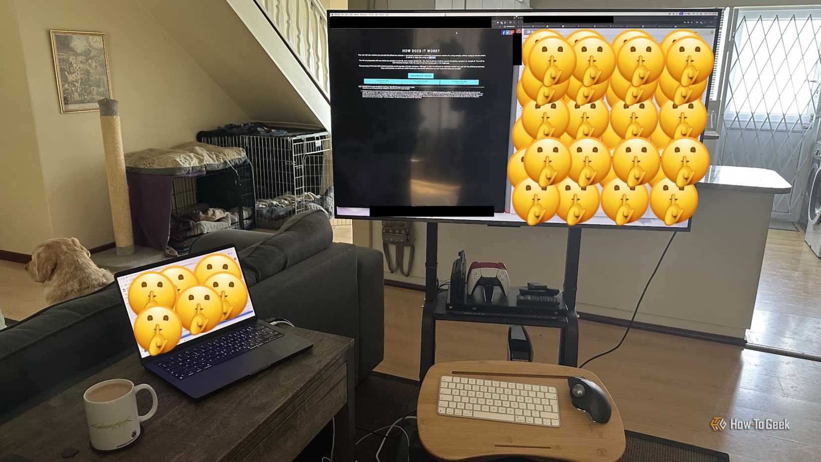 An installation for working on television, some of the screens of which are decorated with emoticons.