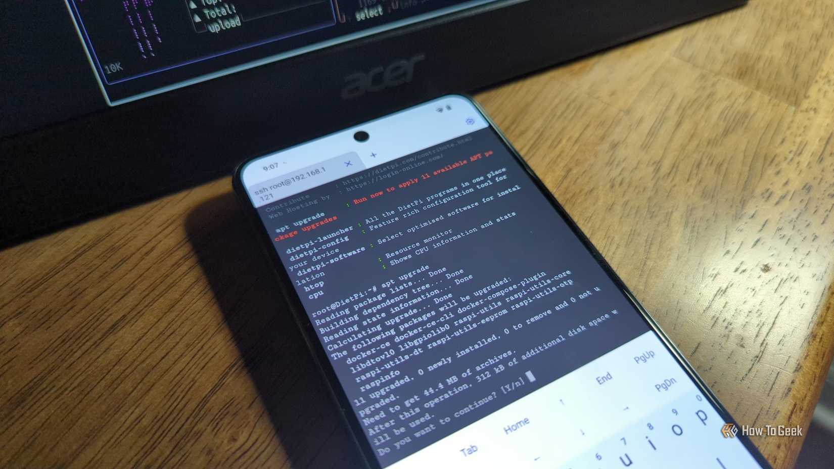 An Android phone running an SSH connection to a DietPi instance in the Linux terminal.
