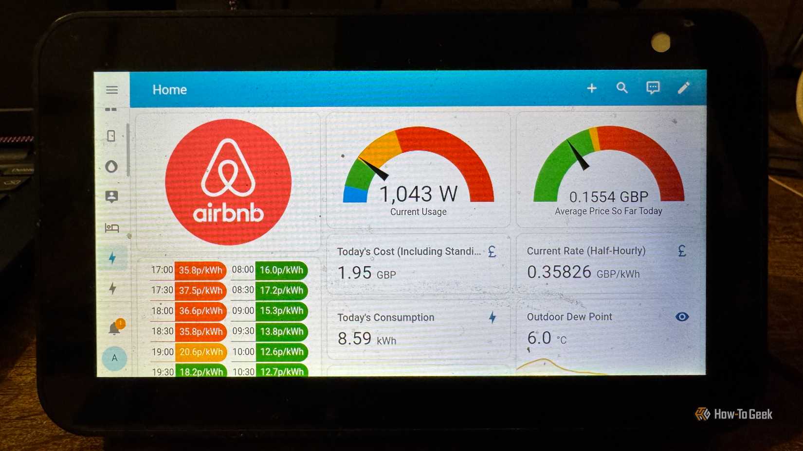 An Echo Show 5 running the Home Assistant Android app showing a Home Assistant dashboard.