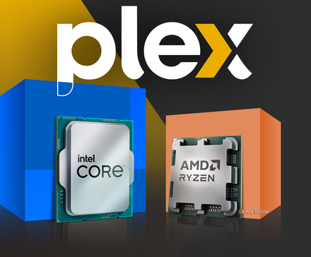 An Intel Core chip beside an AMD Ryzen chip beneath the Plex logo on a dark gradient background.
