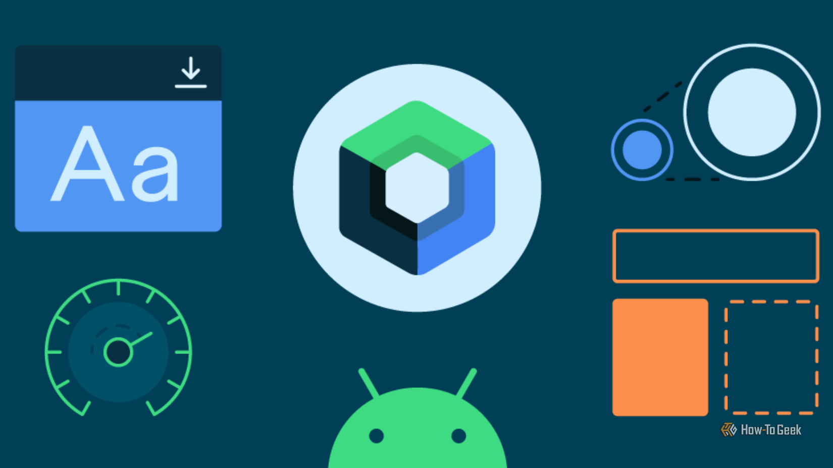 Android Jetpack Compose graphic with the Android bugdroid and other elements.
