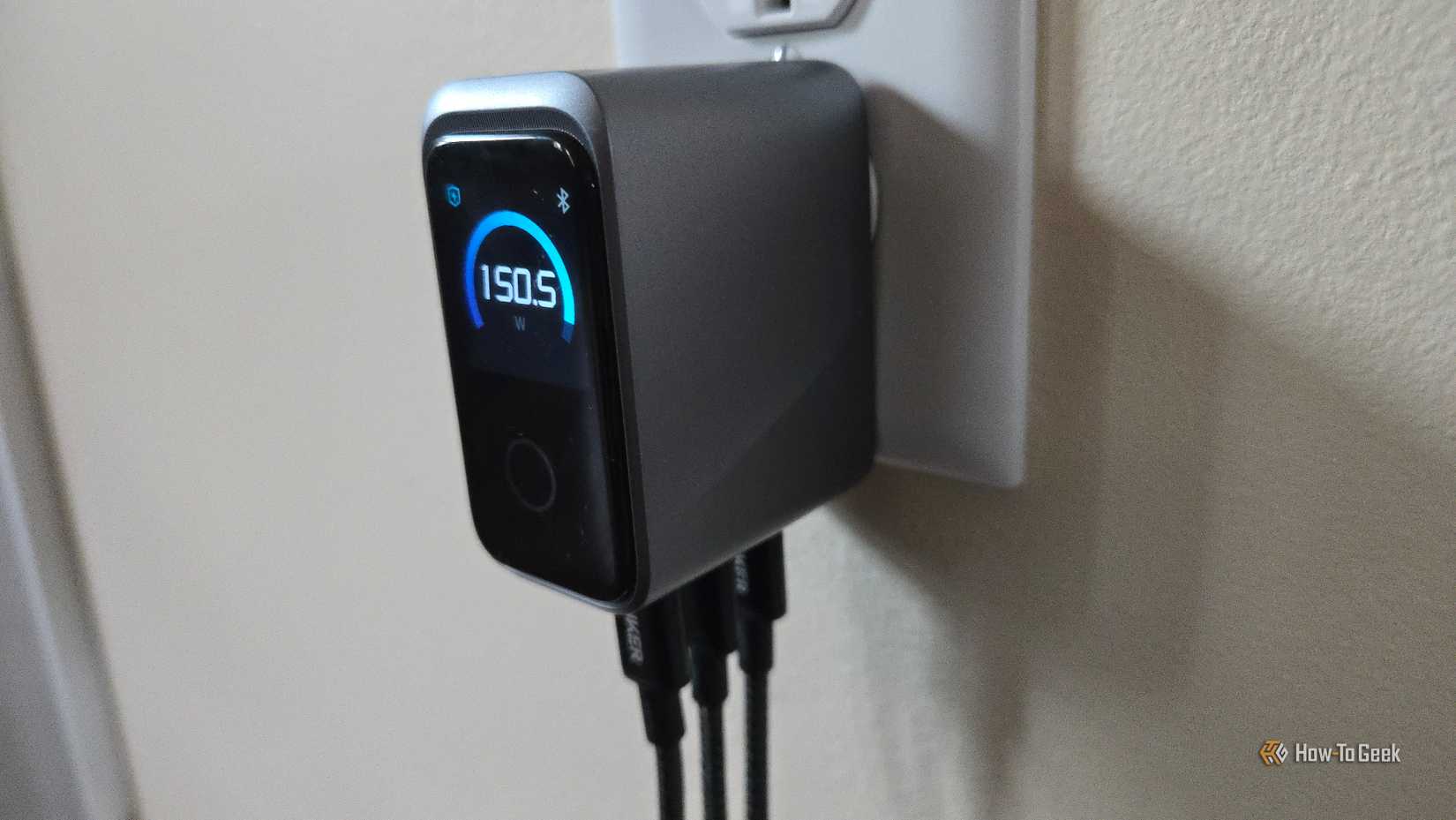 Anker Prime Charger (160W, 3 Ports, Smart Display) Anker Prime 160W charger with three charging cables.