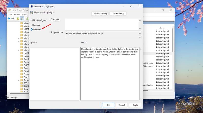 Opção desativada na janela Permitir configurações de política de destaques de pesquisa.