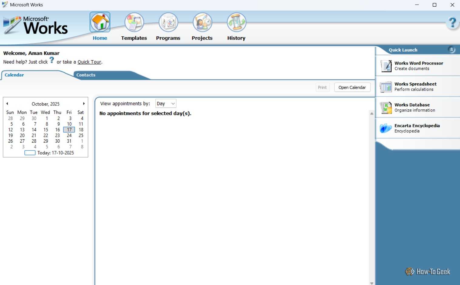 Home tab in Microsoft Works.