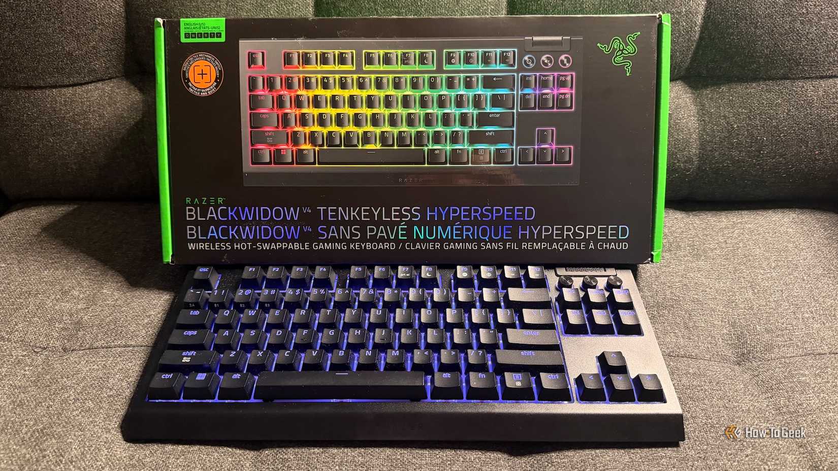 The Razer BlackWidow V4 Tenkeyless HyperSpeed and its box.