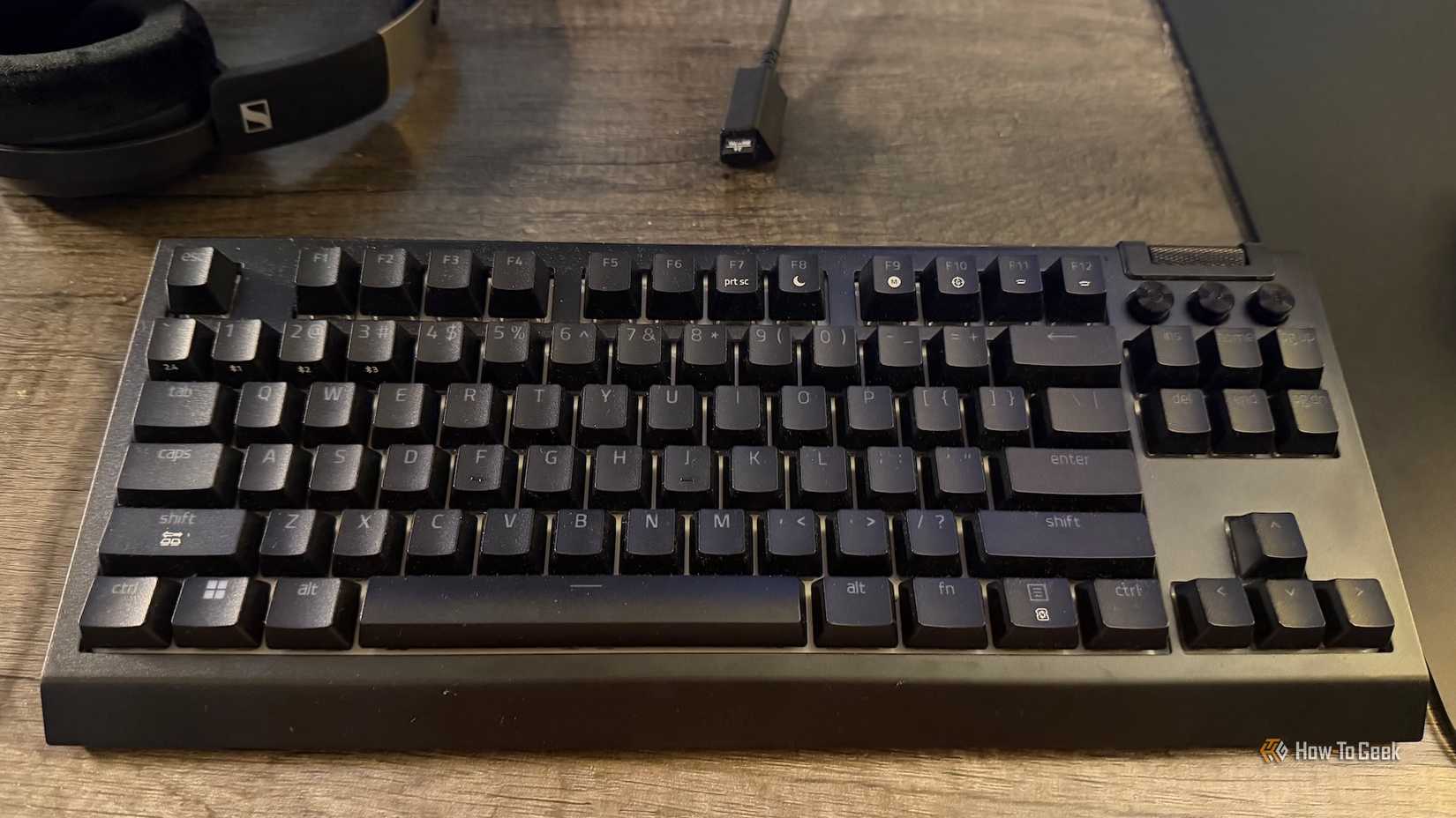 IMG_0667The Razer BlackWidow V4 Tenkeyless HyperSpeed with RGB off on a desk.