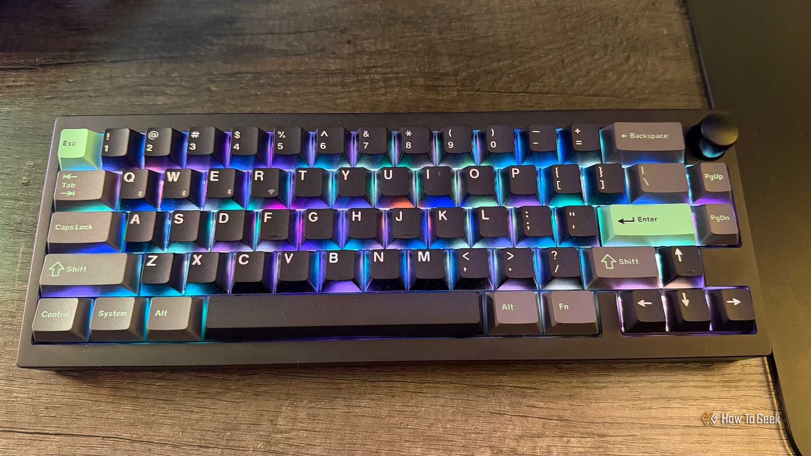 The Lemokey P2 HE on a desk with RGB on from above.