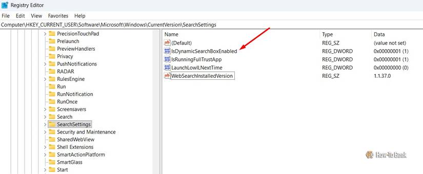 Valor IsDynamicSearchBoxEnabled no Editor do Registro.