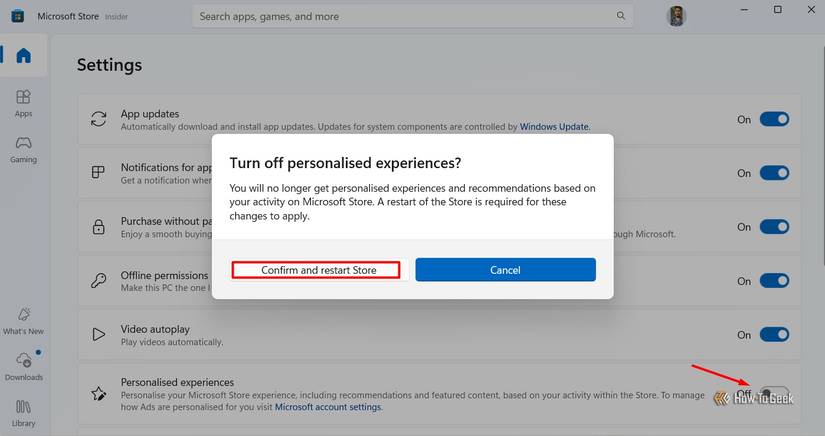 Опция персонализированных возможностей в настройках Microsoft Store.