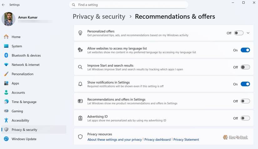 Раздел Рекомендации и предложения в приложении Настройки.