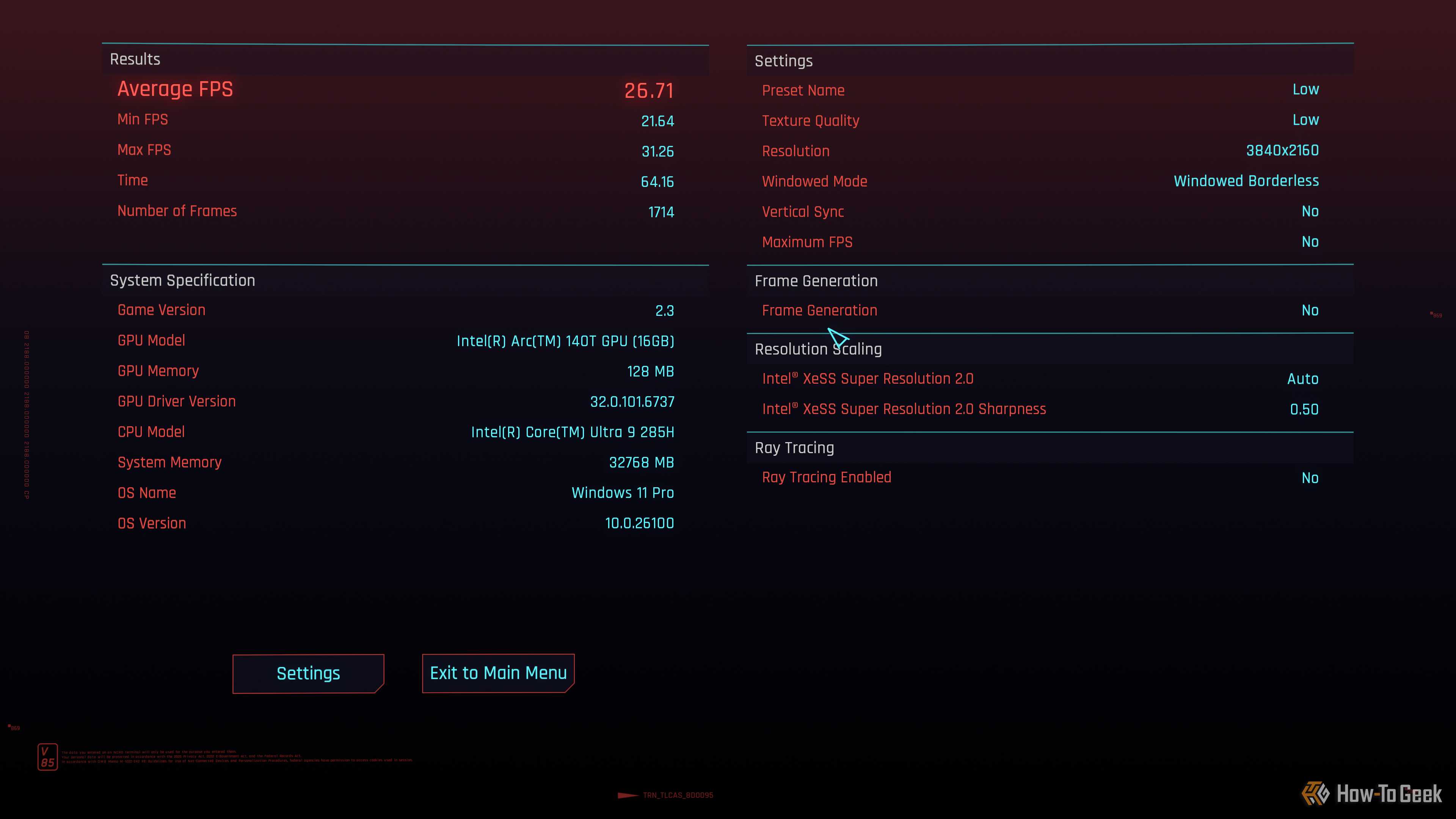 Screenshot of CYBERPUNK 2077 benchmark with frame generation disabled.