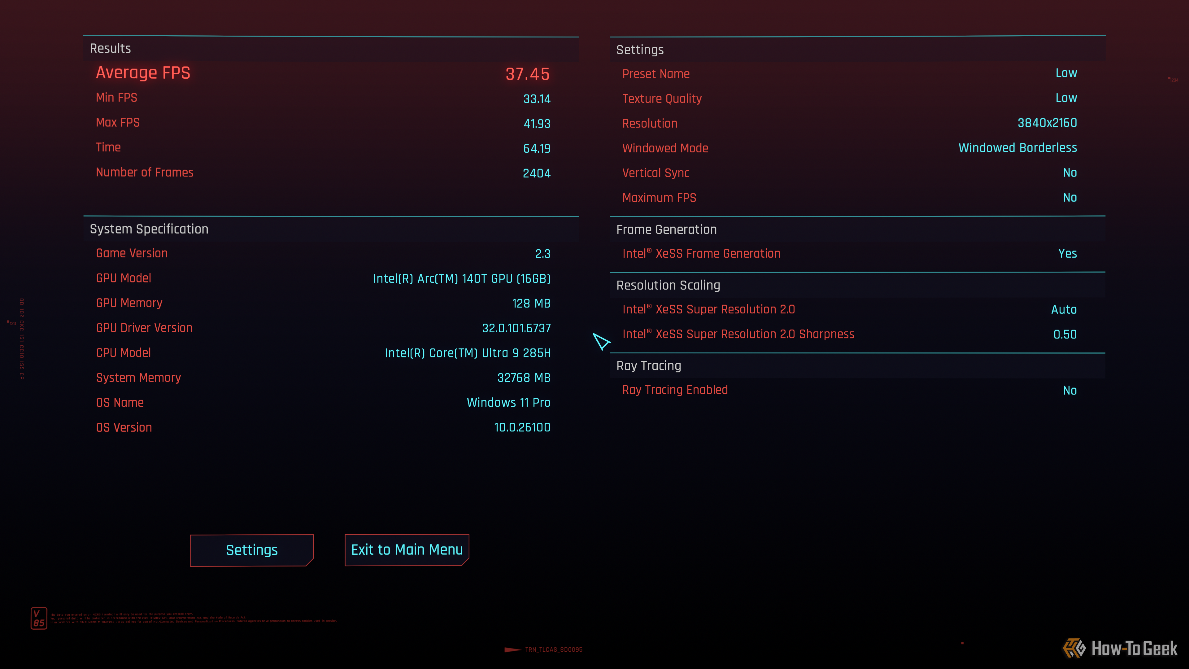 Screenshot of CYBERPUNK 2077 benchmark with frame generation enabled.