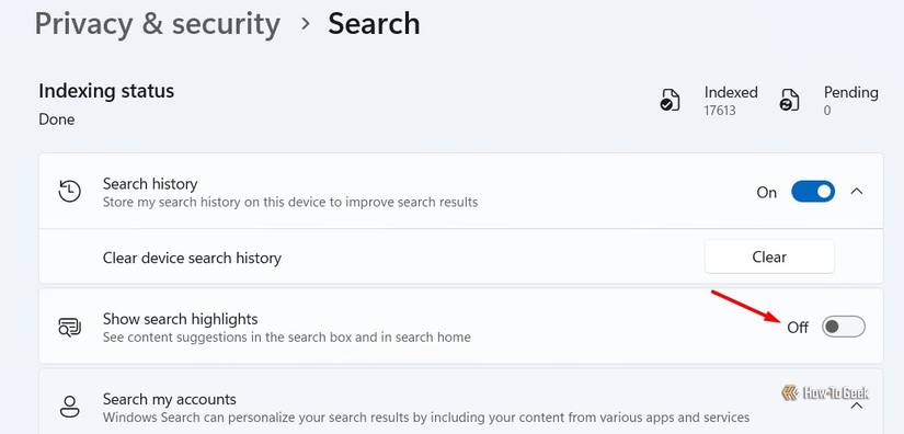 Mostrar destaques de pesquisa alternados no aplicativo Configurações.