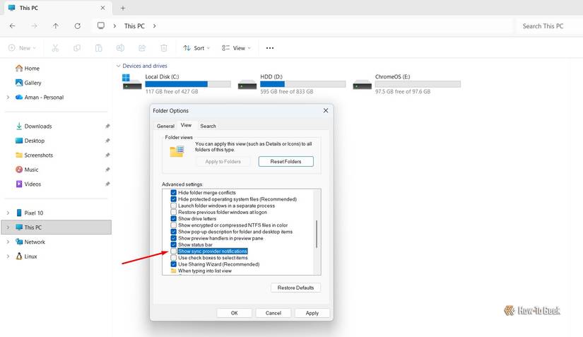 Пункт уведомлений поставщиков синхронизации в окне параметров папок.