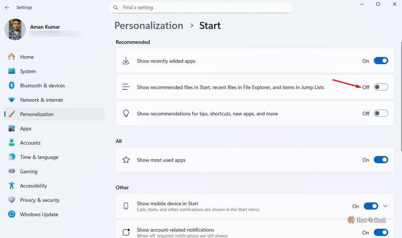 Раздел Пуск в приложении Настройки.