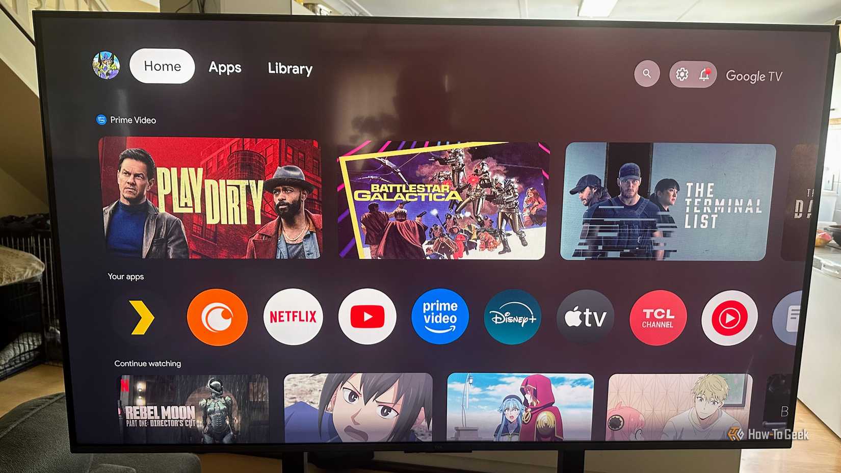 @ TCl C6K showing the Google TV home screen.