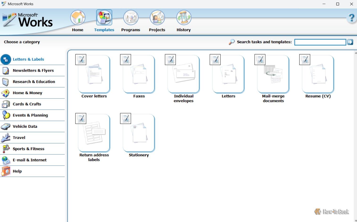 Templates tab in Microsoft Works.